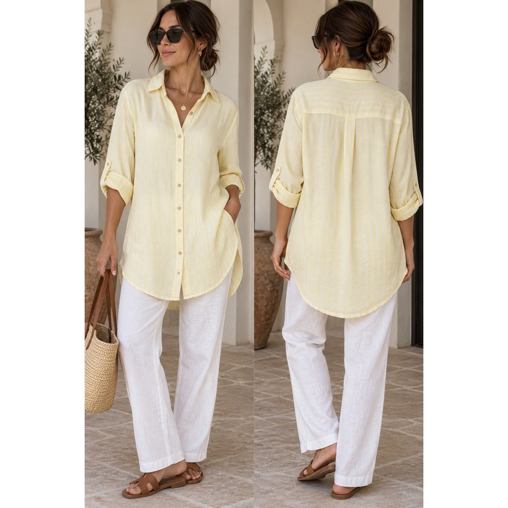 Calypso St Barth Linen Blend Butter yellow Stripped Tunic Shirt L Coastal Preppy